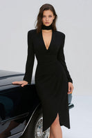 Load image into Gallery viewer, Black High Neck Long Sleeves Midi Bodycon Cocktail Dress with Slit