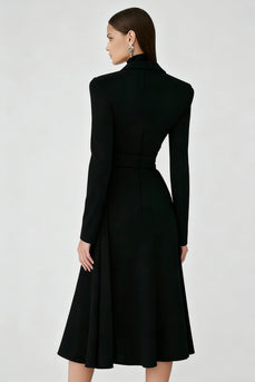 Black A Line High Neck Midi Cocktail Dress with Sleeves