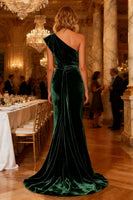 Load image into Gallery viewer, Dark Green Velvet Long Mermaid Holiday Party Dress with Cape