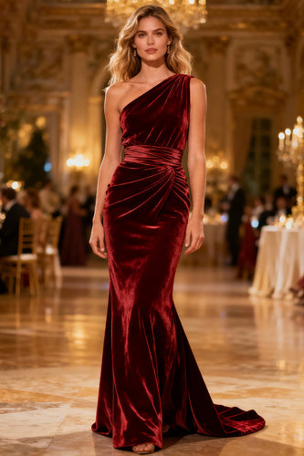 Burgundy Velvet Ruched Mermaid Long Holiday Party Dress