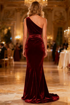 Burgundy Velvet Ruched Mermaid Long Holiday Party Dress