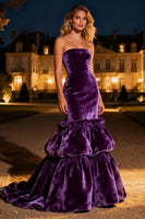 Load image into Gallery viewer, Purple Velvet Long Mermaid Holiday Party Dress with Ruffles