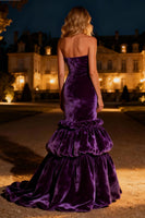 Load image into Gallery viewer, Purple Velvet Long Mermaid Holiday Party Dress with Ruffles
