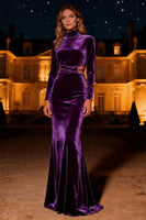 Load image into Gallery viewer, Purple Velvet High Neck Mermaid Long Holiday Party Dress