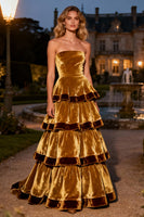 Load image into Gallery viewer, Brown Velvet Strapless Long Holiday Party Dress with Ruffles
