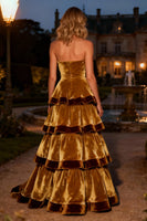 Load image into Gallery viewer, Brown Velvet Strapless Long Holiday Party Dress with Ruffles