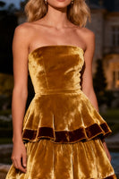 Load image into Gallery viewer, Brown Velvet Strapless Long Holiday Party Dress with Ruffles