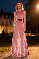 Load image into Gallery viewer, Pink Velvet High Neck Long Holiday Party Dress with Belt