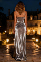Load image into Gallery viewer, Silver Velvet Long Holiday Party Dress with Slit