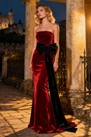 Load image into Gallery viewer, Burgundy Velvet Mermaid Long Holiday Party Dress with Bow