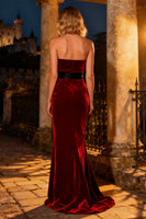 Load image into Gallery viewer, Burgundy Velvet Mermaid Long Holiday Party Dress with Bow