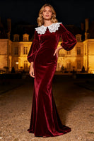 Load image into Gallery viewer, Burgundy Velvet Long Mermaid Holiday Party Dress with Lace