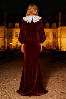 Burgundy Velvet Long Mermaid Holiday Party Dress with Lace