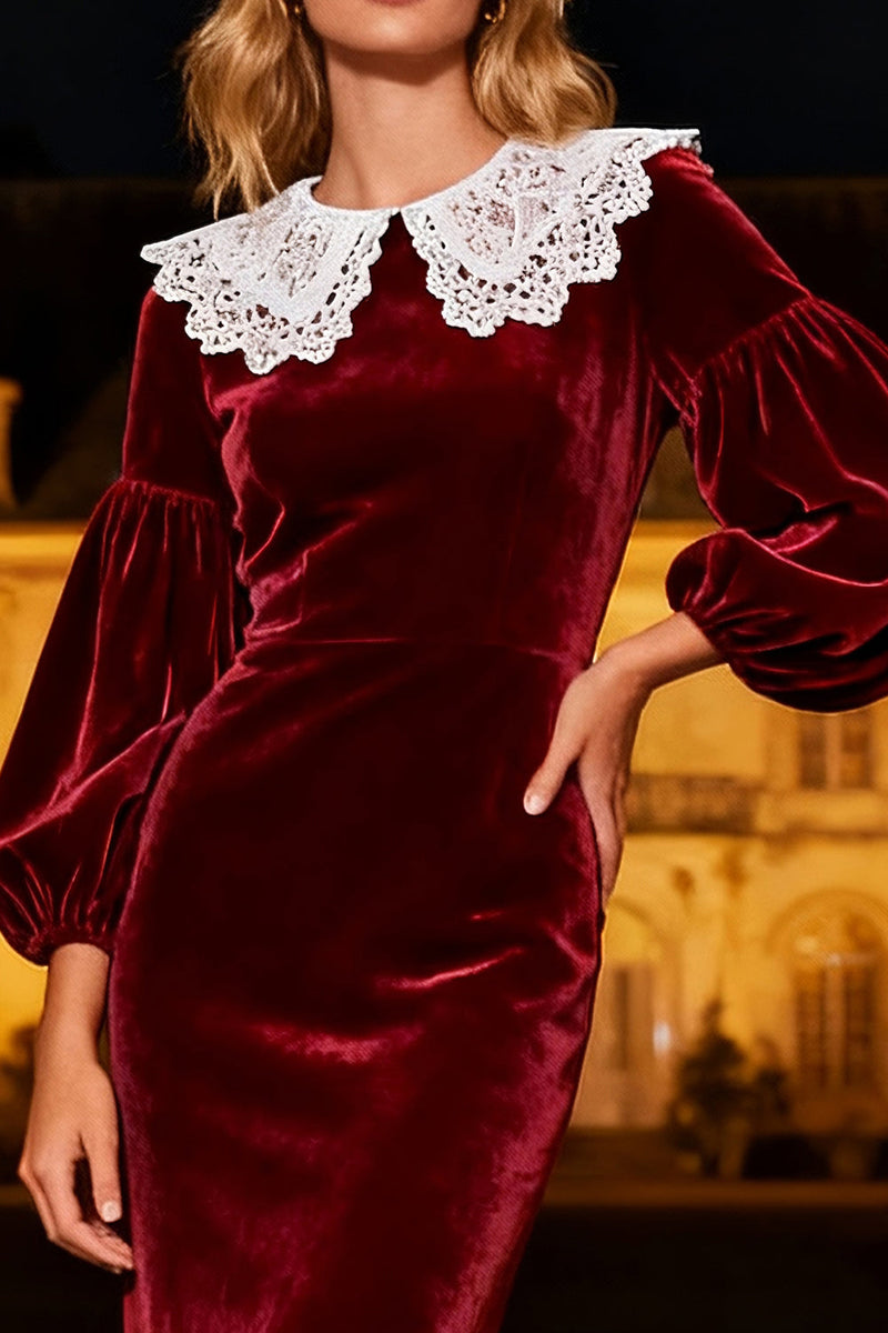 Load image into Gallery viewer, Burgundy Velvet Long Mermaid Holiday Party Dress with Lace