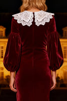 Load image into Gallery viewer, Burgundy Velvet Long Mermaid Holiday Party Dress with Lace