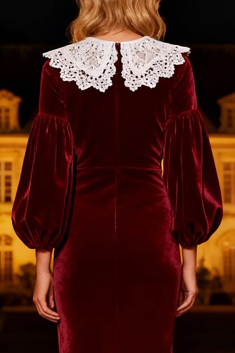 Load image into Gallery viewer, Burgundy Velvet Long Mermaid Holiday Party Dress with Lace