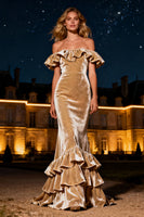 Load image into Gallery viewer, Champagne Velvet Mermaid Tiered Long Holiday Party Dress with Ruffles