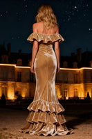 Load image into Gallery viewer, Champagne Velvet Mermaid Tiered Long Holiday Party Dress with Ruffles