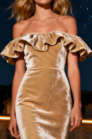 Load image into Gallery viewer, Champagne Velvet Mermaid Tiered Long Holiday Party Dress with Ruffles