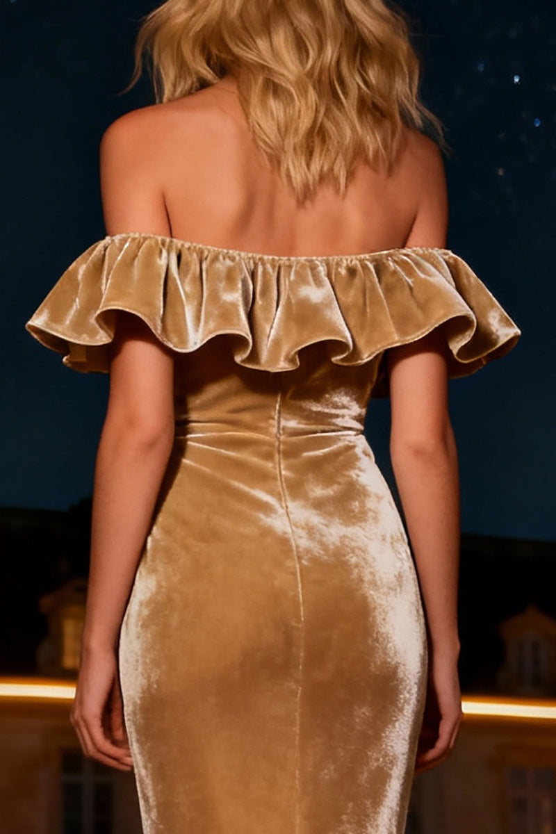 Load image into Gallery viewer, Champagne Velvet Mermaid Tiered Long Holiday Party Dress with Ruffles