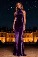 Load image into Gallery viewer, Purple Velvet Mermaid Halter Neck Long Holiday Party Dress