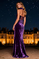 Load image into Gallery viewer, Purple Velvet Mermaid Halter Neck Long Holiday Party Dress
