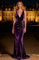 Load image into Gallery viewer, Sparkly Purple Velvet Mermaid Long Holiday Party Dress with Beading
