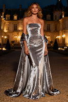 Load image into Gallery viewer, Silver Velvet Long Mermaid Holiday Party Dress with Cape