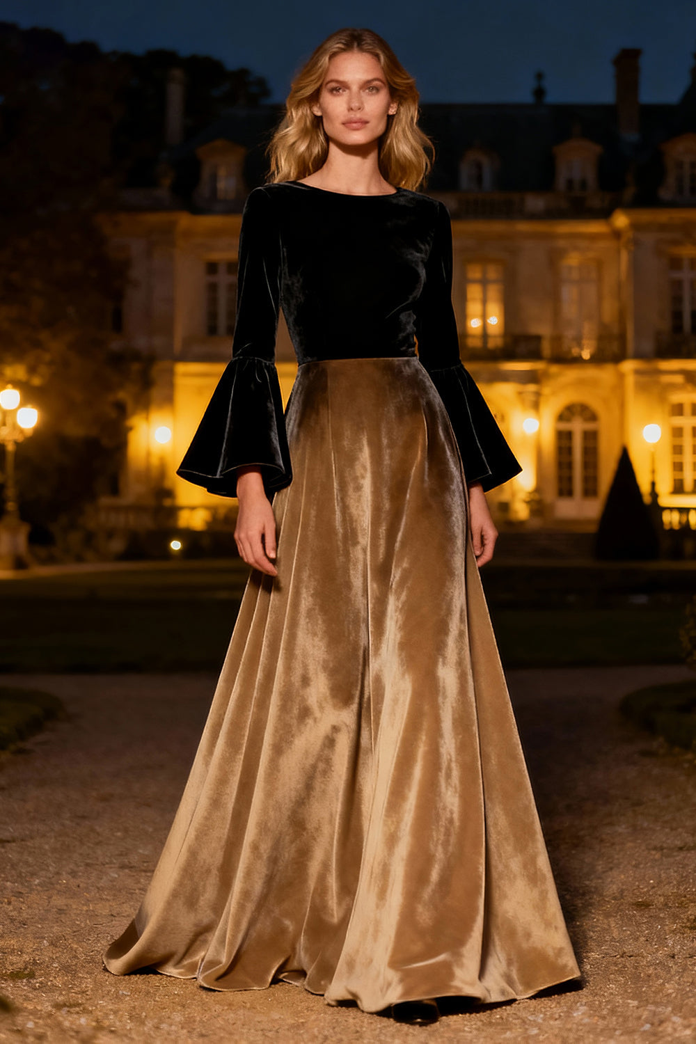 Black Velvet Flare Sleeves A-Line Long Holiday Party Dress