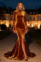 Load image into Gallery viewer, Brown Velvet Ruffled Mermaid Long Holiday Party Dress with Slit