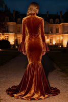 Load image into Gallery viewer, Brown Velvet Ruffled Mermaid Long Holiday Party Dress with Slit