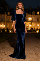 Load image into Gallery viewer, Navy Velvet Square Neck Mermaid Long Holiday Party Dress