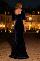 Load image into Gallery viewer, Navy Velvet Square Neck Mermaid Long Holiday Party Dress