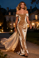 Load image into Gallery viewer, Champagne Velvet Mermaid Long Holiday Party Dress with Cape