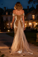 Load image into Gallery viewer, Champagne Velvet Mermaid Long Holiday Party Dress with Cape