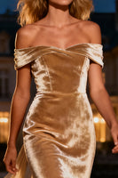 Load image into Gallery viewer, Champagne Velvet Mermaid Long Holiday Party Dress with Cape