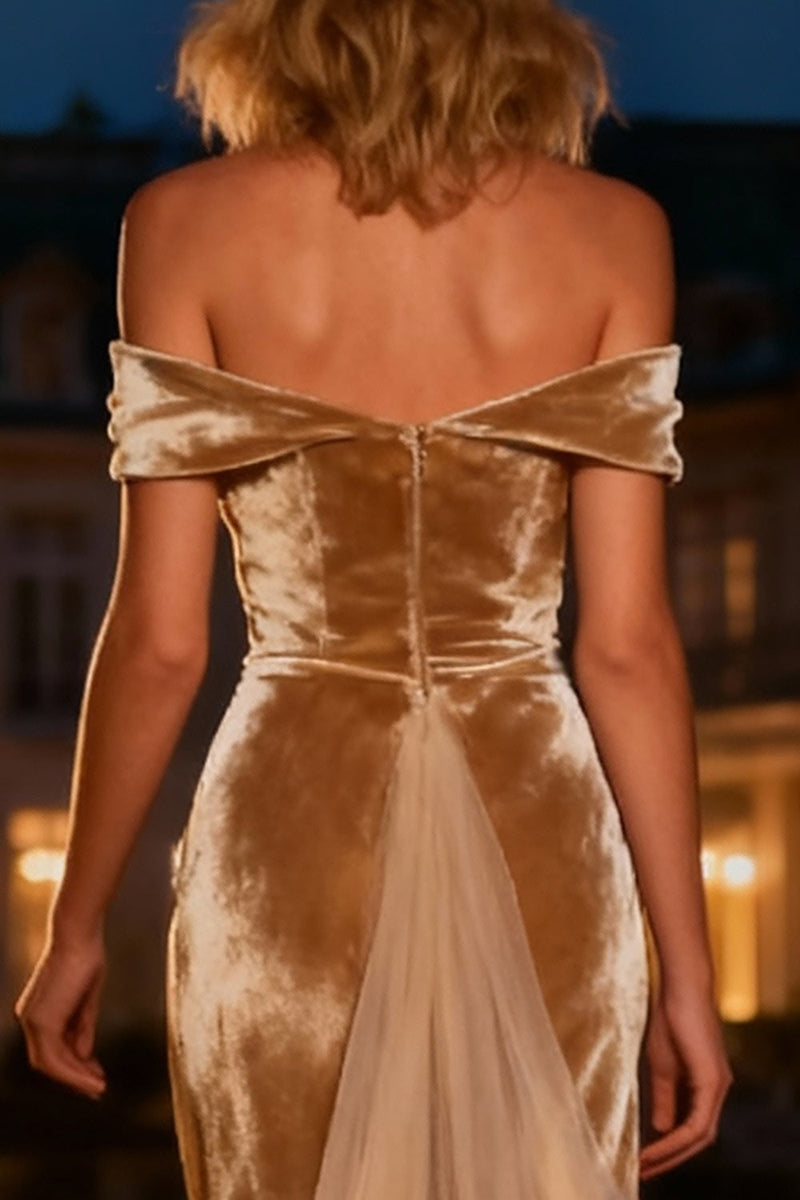 Load image into Gallery viewer, Champagne Velvet Mermaid Long Holiday Party Dress with Cape