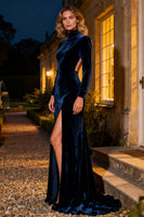 Load image into Gallery viewer, Navy Velvet Mermaid Long Holiday Party Dress with Slit
