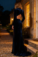 Load image into Gallery viewer, Navy Velvet Mermaid Long Holiday Party Dress with Slit