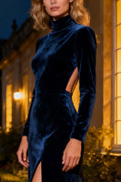 Load image into Gallery viewer, Navy Velvet Mermaid Long Holiday Party Dress with Slit
