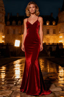 Load image into Gallery viewer, Burgundy Velvet Spaghetti Straps Mermaid Long Holiday Party Dress