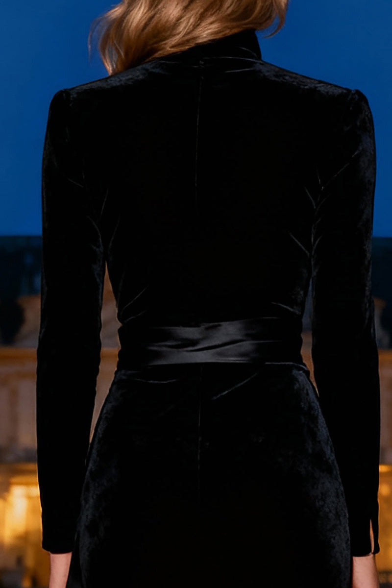 Load image into Gallery viewer, Black Velvet Long Mermaid Holiday Party Dress with Sash