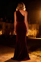 Load image into Gallery viewer, Burgundy Velvet One Shoulder Mermaid Long Holiday Party Dress with Keyhole