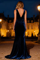 Load image into Gallery viewer, Navy Mermaid V-Neck Long Velvet Holiday Party Dress