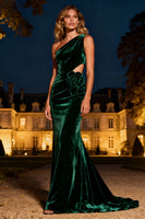 Load image into Gallery viewer, Dark Green Velvet Long Mermaid Holiday Party Dress with 3D Flower