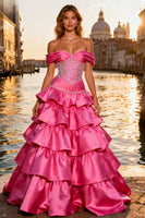 Load image into Gallery viewer, Sparkly Bright Pink Beaded Ruffled Long Prom Dress