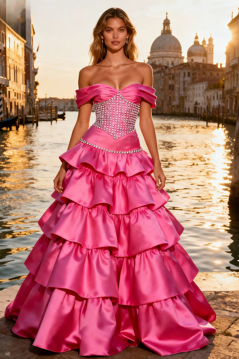 Load image into Gallery viewer, Sparkly Bright Pink Beaded Ruffled Long Prom Dress