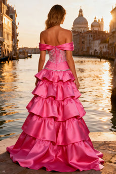 Sparkly Bright Pink Beaded Ruffled Long Prom Dress