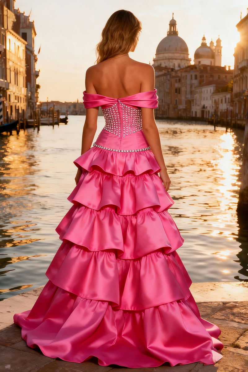 Load image into Gallery viewer, Sparkly Bright Pink Beaded Ruffled Long Prom Dress