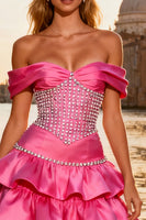 Load image into Gallery viewer, Sparkly Bright Pink Beaded Ruffled Long Prom Dress